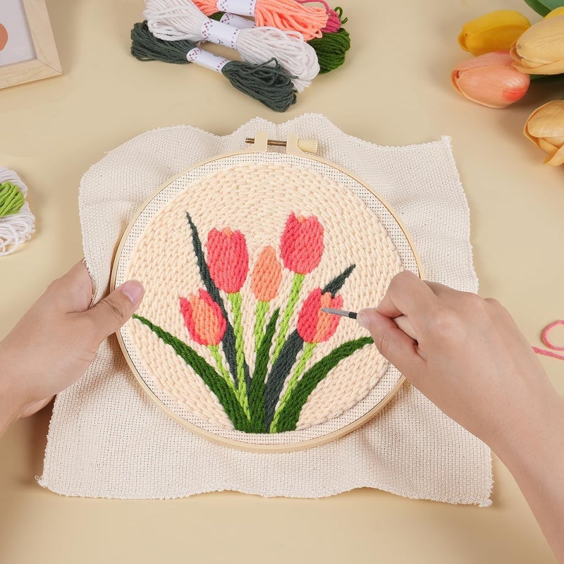 KESTAR Punch Needle Embroidery Starter Kits, Pink Tulip Flower Punch Needle Kits for Adults Beginner, Needle Punch Kit Tool with Instruction Threader Fabric Yarns and Hoop - Image 3